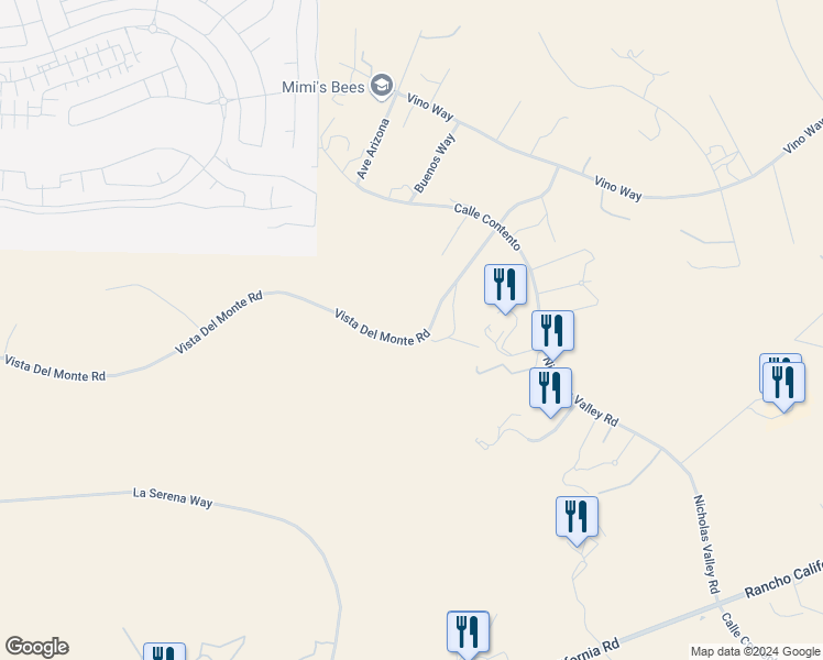 map of restaurants, bars, coffee shops, grocery stores, and more near Vista Del Monte Road in Temecula