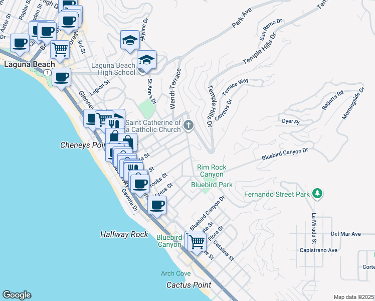 map of restaurants, bars, coffee shops, grocery stores, and more near 1125 Temple Terrace in Laguna Beach