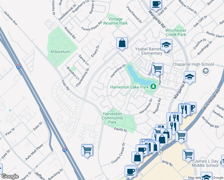 map of restaurants, bars, coffee shops, grocery stores, and more near 40265 Danbury Court in Temecula