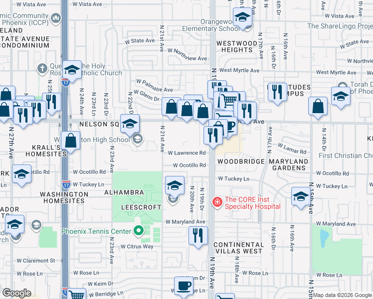 map of restaurants, bars, coffee shops, grocery stores, and more near 6801 North 21st Avenue in Phoenix