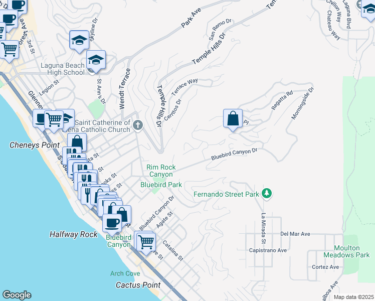 map of restaurants, bars, coffee shops, grocery stores, and more near 980 Meadowlark Lane in Laguna Beach