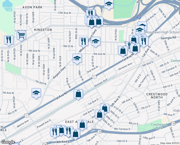 map of restaurants, bars, coffee shops, grocery stores, and more near 205 50th Street North in Birmingham