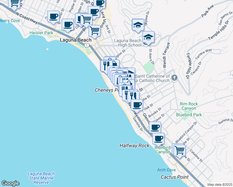 map of restaurants, bars, coffee shops, grocery stores, and more near 160 Saint Ann's Drive in Laguna Beach