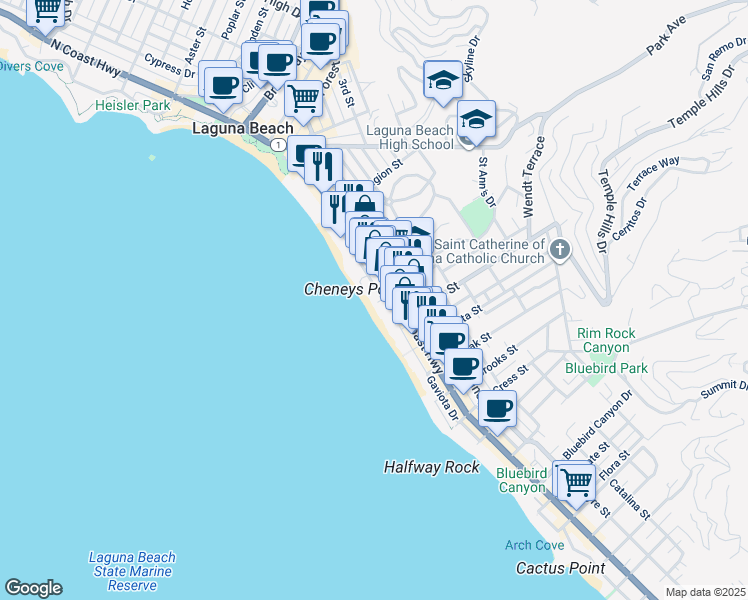 map of restaurants, bars, coffee shops, grocery stores, and more near 160 Saint Ann's Drive in Laguna Beach