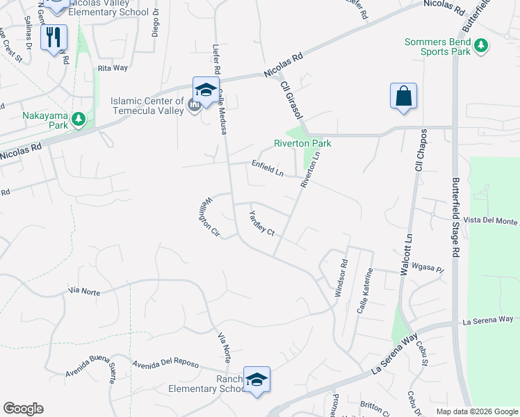 map of restaurants, bars, coffee shops, grocery stores, and more near 40435 Chauncey Way in Temecula