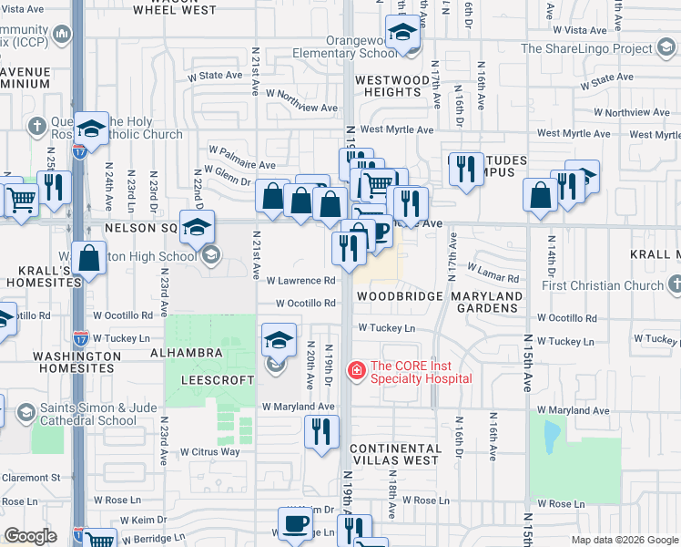 map of restaurants, bars, coffee shops, grocery stores, and more near 6802 North 19th Avenue in Phoenix