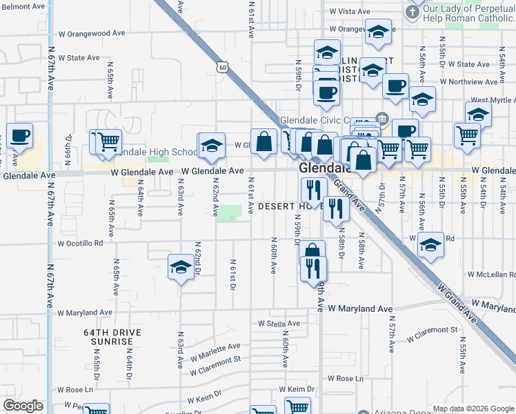 map of restaurants, bars, coffee shops, grocery stores, and more near 6802 North 60th Avenue in Glendale