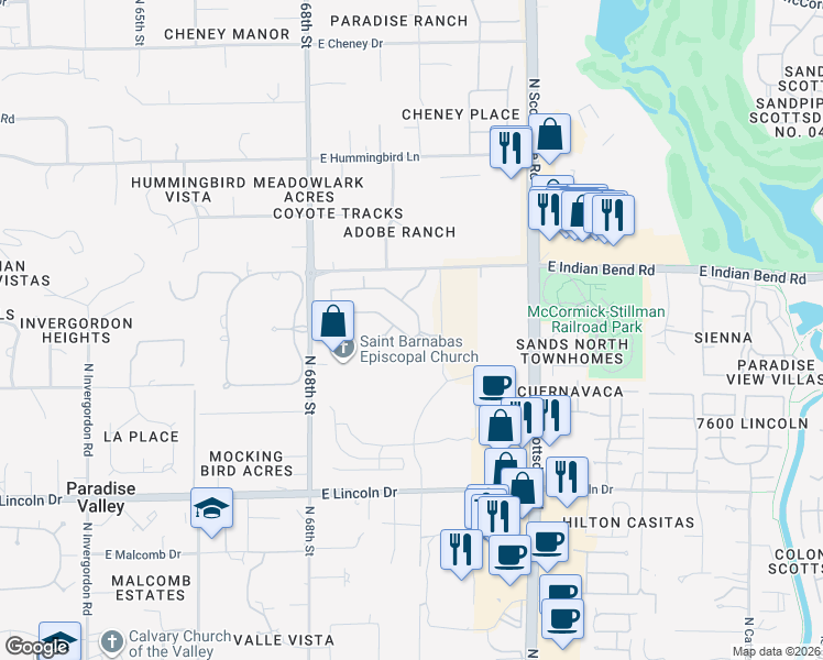 map of restaurants, bars, coffee shops, grocery stores, and more near 6870 North 70th Way in Paradise Valley