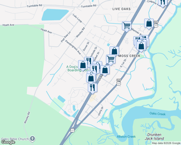 map of restaurants, bars, coffee shops, grocery stores, and more near 753 Pendergrass Avenue in Murrells Inlet