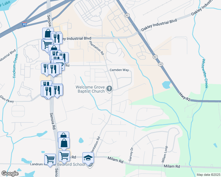 map of restaurants, bars, coffee shops, grocery stores, and more near 3050 Broadleaf Trail Road in Fairburn