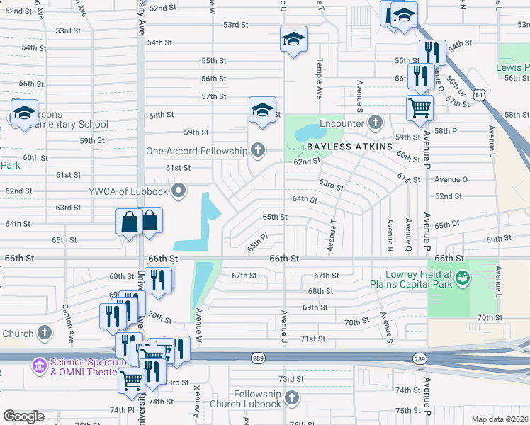 map of restaurants, bars, coffee shops, grocery stores, and more near 2113 64th St in Lubbock