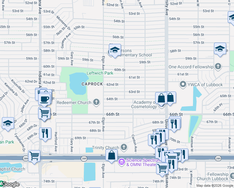 map of restaurants, bars, coffee shops, grocery stores, and more near 2808 63rd Street in Lubbock