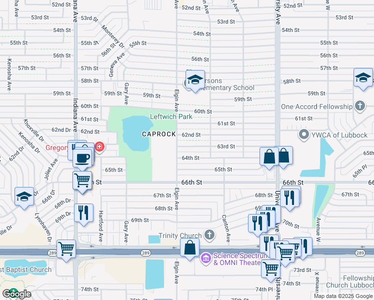 map of restaurants, bars, coffee shops, grocery stores, and more near 2822 63rd Street in Lubbock