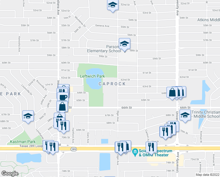 map of restaurants, bars, coffee shops, grocery stores, and more near 6302 Elgin Avenue in Lubbock