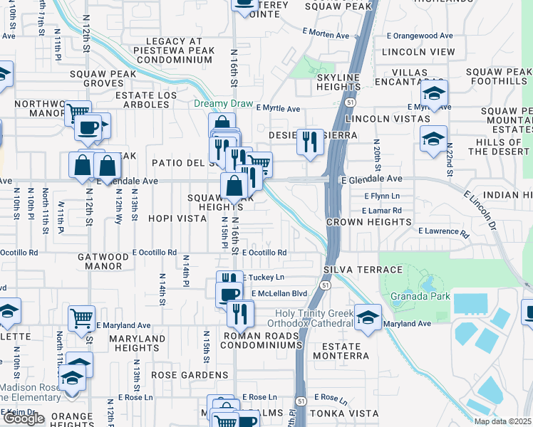 map of restaurants, bars, coffee shops, grocery stores, and more near 1650 East Lamar Road in Phoenix