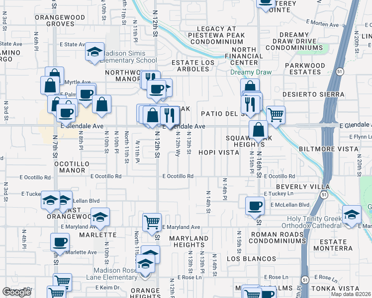 map of restaurants, bars, coffee shops, grocery stores, and more near 6826 North 12th Way in Phoenix