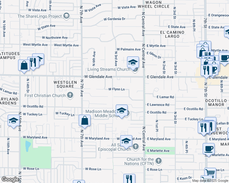 map of restaurants, bars, coffee shops, grocery stores, and more near 302 West Flynn Lane in Phoenix