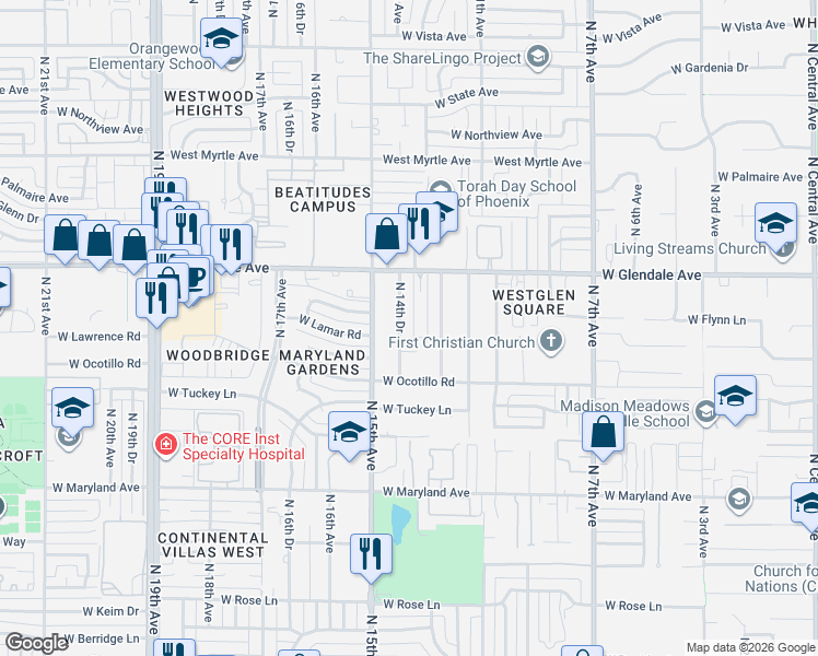 map of restaurants, bars, coffee shops, grocery stores, and more near 1311 West Glendale Avenue in Phoenix