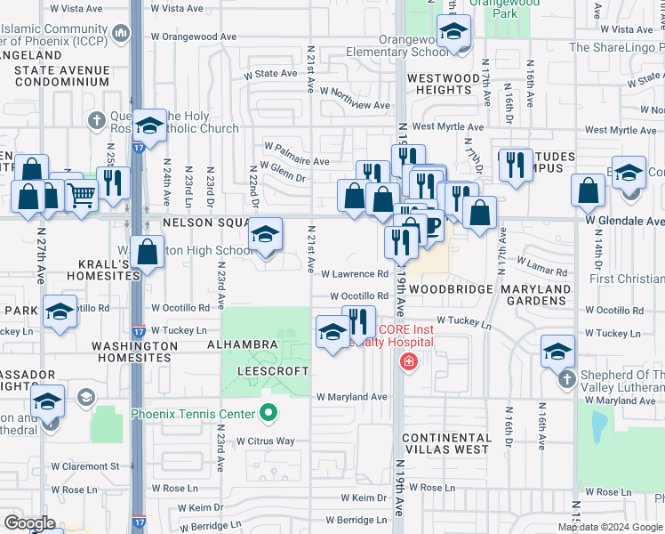 map of restaurants, bars, coffee shops, grocery stores, and more near 6801 North 21st Avenue in Phoenix