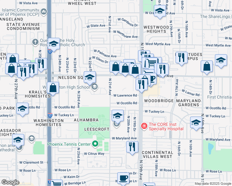 map of restaurants, bars, coffee shops, grocery stores, and more near 6801 North 21st Avenue in Phoenix