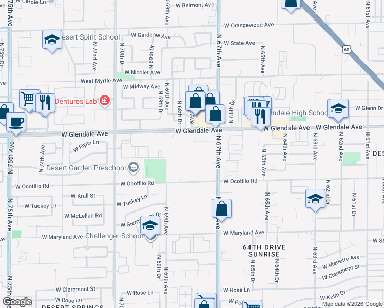map of restaurants, bars, coffee shops, grocery stores, and more near 6802 North 67th Avenue in Glendale