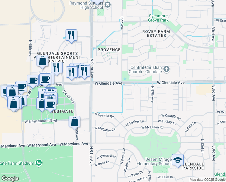 map of restaurants, bars, coffee shops, grocery stores, and more near 8917-9001 West Glendale Avenue in Glendale