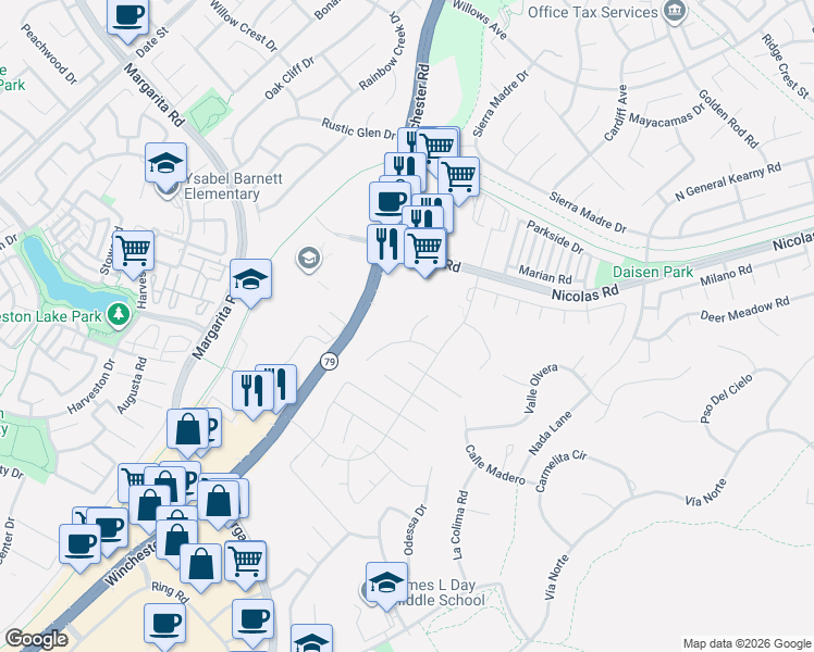 map of restaurants, bars, coffee shops, grocery stores, and more near 39761 Barberry Court in Temecula
