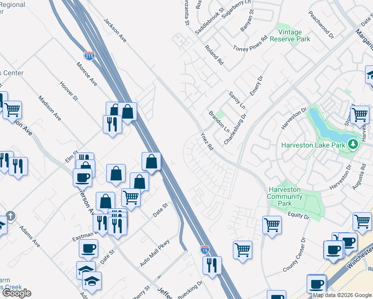 map of restaurants, bars, coffee shops, grocery stores, and more near 40950 Temecula Center Drive in Temecula