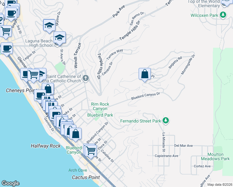 map of restaurants, bars, coffee shops, grocery stores, and more near 967 Meadowlark Lane in Laguna Beach