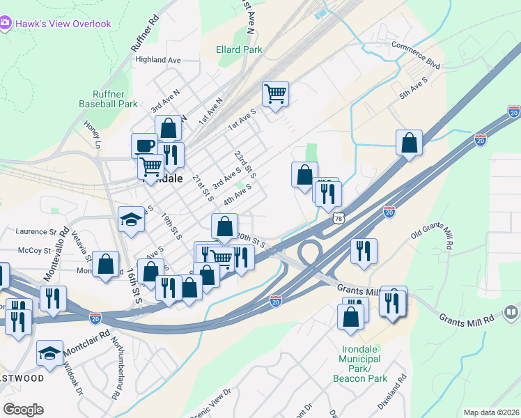 map of restaurants, bars, coffee shops, grocery stores, and more near 2220 5th Avenue South in Irondale
