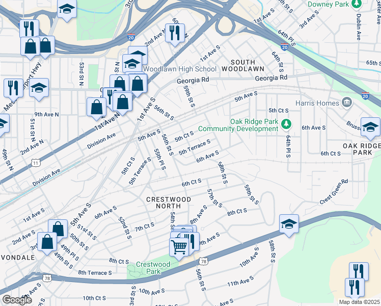 map of restaurants, bars, coffee shops, grocery stores, and more near 5624 5th Terrace South in Birmingham