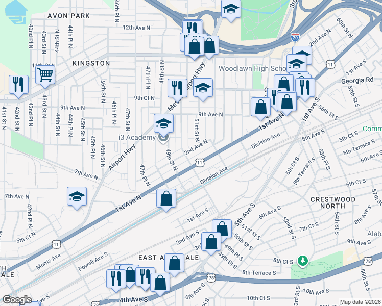 map of restaurants, bars, coffee shops, grocery stores, and more near 205 50th Street North in Birmingham