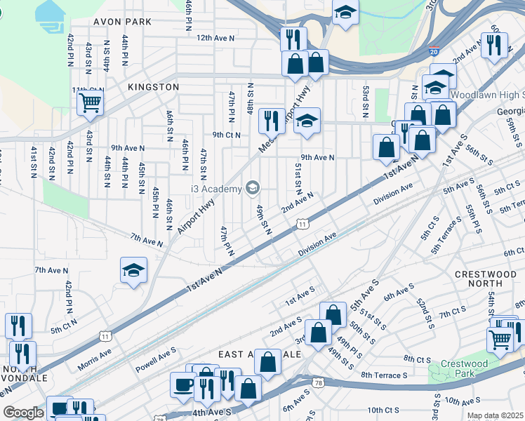 map of restaurants, bars, coffee shops, grocery stores, and more near 227 49th Street North in Birmingham