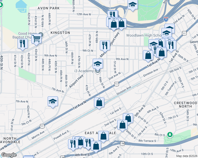map of restaurants, bars, coffee shops, grocery stores, and more near 227 49th Street North in Birmingham