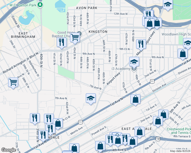 map of restaurants, bars, coffee shops, grocery stores, and more near 756 45th Street North in Birmingham
