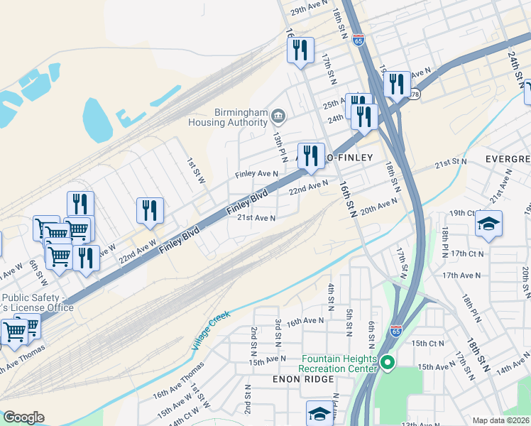 map of restaurants, bars, coffee shops, grocery stores, and more near 1201 Finley Boulevard in Birmingham