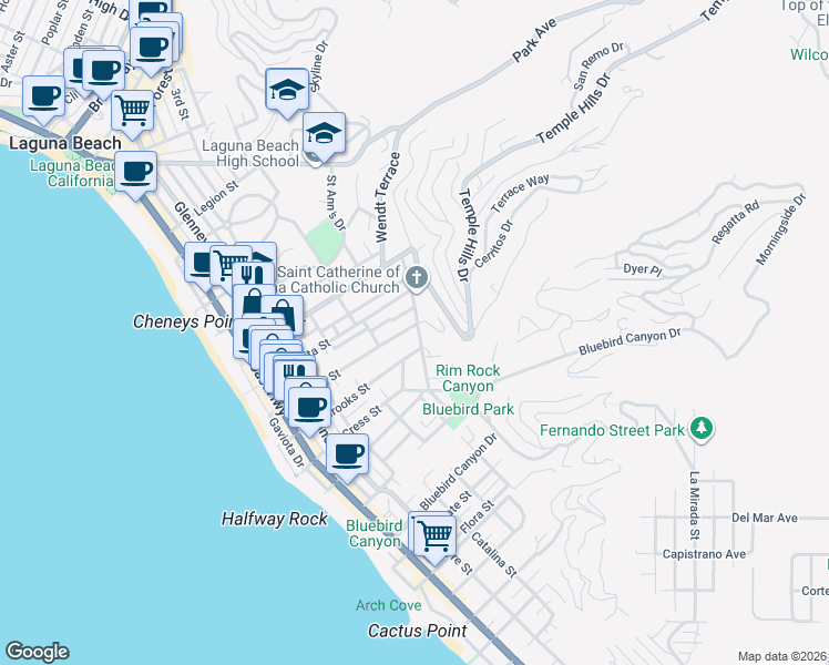 map of restaurants, bars, coffee shops, grocery stores, and more near 1125 Temple Terrace in Laguna Beach