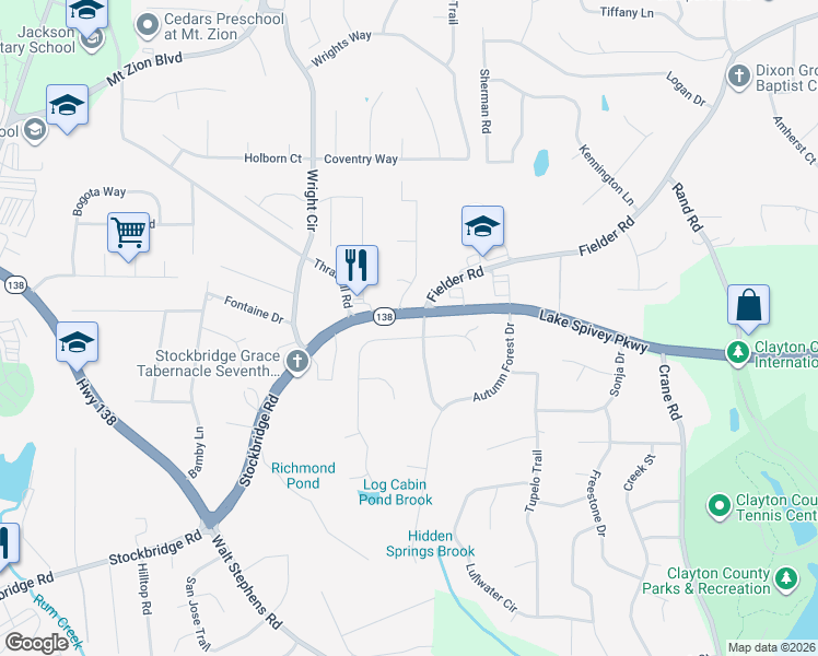 map of restaurants, bars, coffee shops, grocery stores, and more near 7965 Woods Lane in Jonesboro