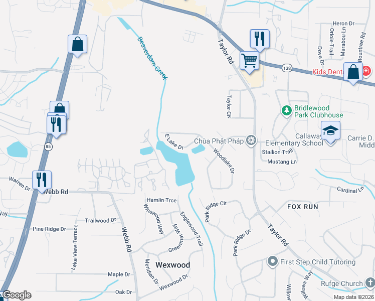 map of restaurants, bars, coffee shops, grocery stores, and more near 479 East Lake Drive in Riverdale
