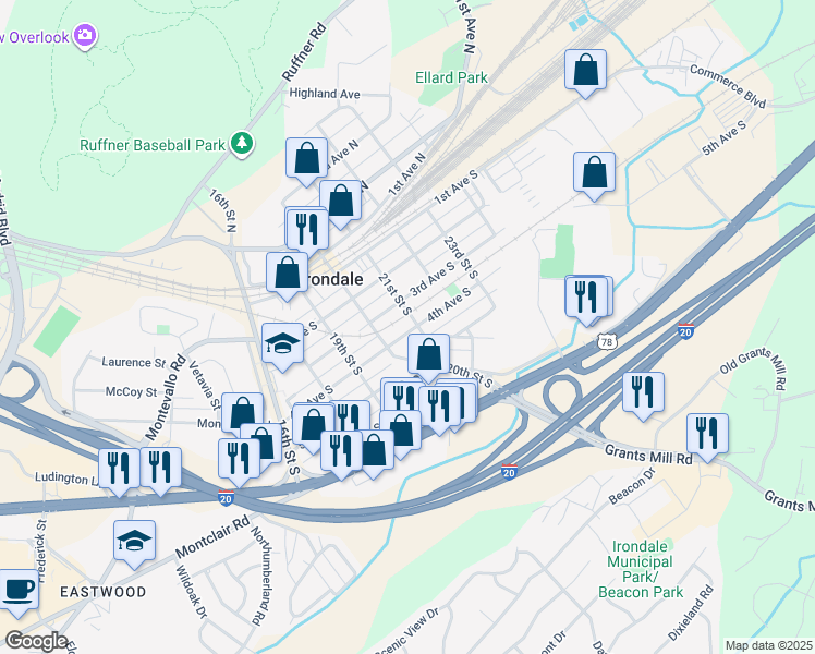 map of restaurants, bars, coffee shops, grocery stores, and more near 2025 3rd Avenue South in Irondale