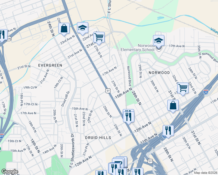 map of restaurants, bars, coffee shops, grocery stores, and more near 1609 Carraway Boulevard in Birmingham