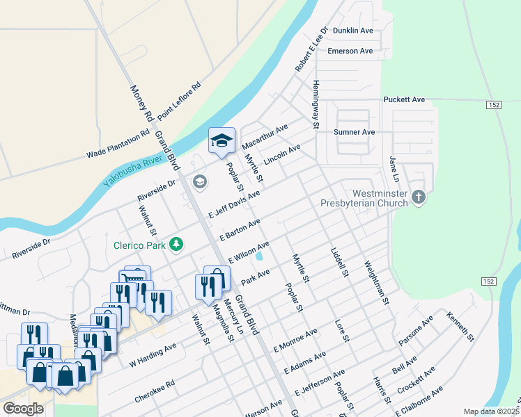 map of restaurants, bars, coffee shops, grocery stores, and more near 1106 Poplar Street in Greenwood