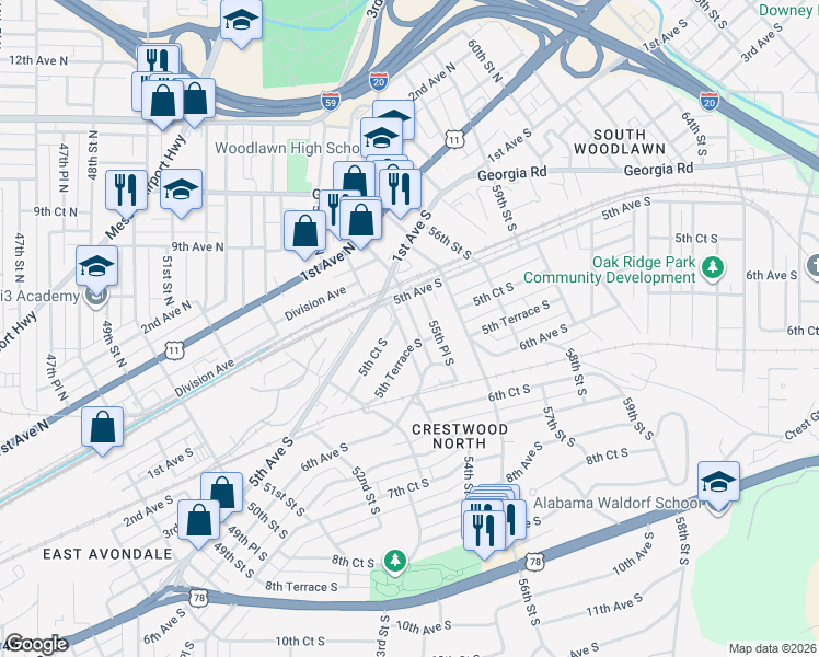 map of restaurants, bars, coffee shops, grocery stores, and more near 524 55th Street South in Birmingham