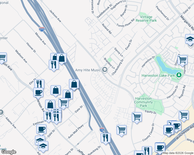 map of restaurants, bars, coffee shops, grocery stores, and more near 40247 Birchfield Drive in Temecula