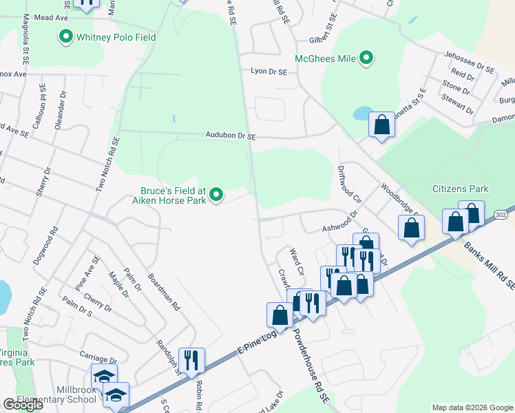 map of restaurants, bars, coffee shops, grocery stores, and more near 891 Powderhouse Rd SE in Aiken