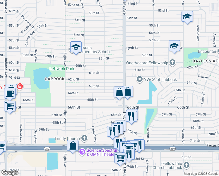 map of restaurants, bars, coffee shops, grocery stores, and more near 2519 63rd Street in Lubbock