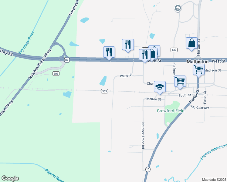 map of restaurants, bars, coffee shops, grocery stores, and more near Willis Street in Mathiston