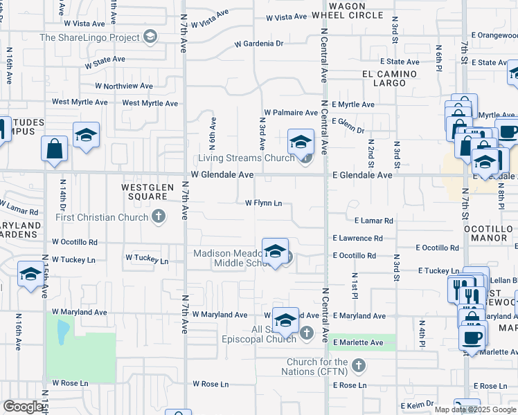 map of restaurants, bars, coffee shops, grocery stores, and more near 302 West Flynn Lane in Phoenix