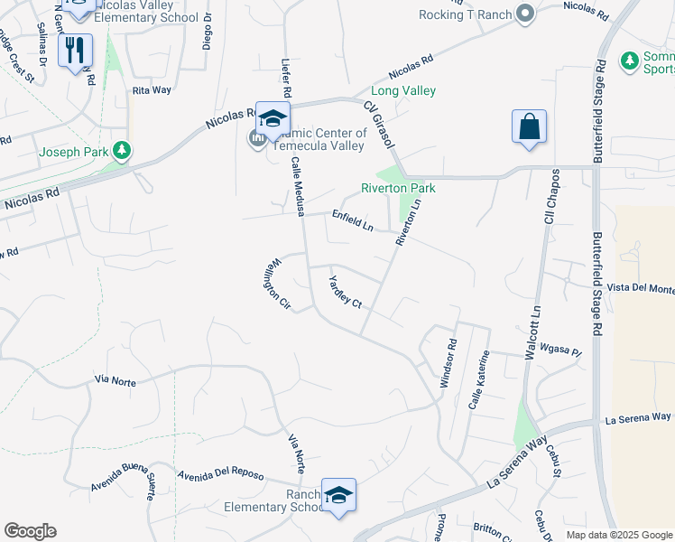 map of restaurants, bars, coffee shops, grocery stores, and more near 40429 Chauncey Way in Temecula