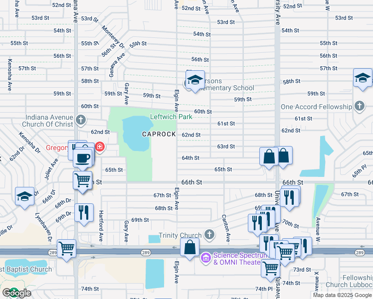 map of restaurants, bars, coffee shops, grocery stores, and more near 2822 63rd Street in Lubbock